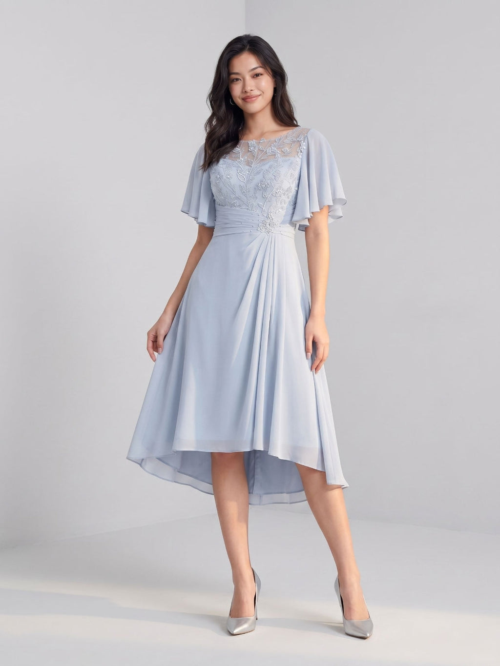 Mist Chiffon A-Line Scoop Neck Asymmetrical Dress with Beading - Curvevia