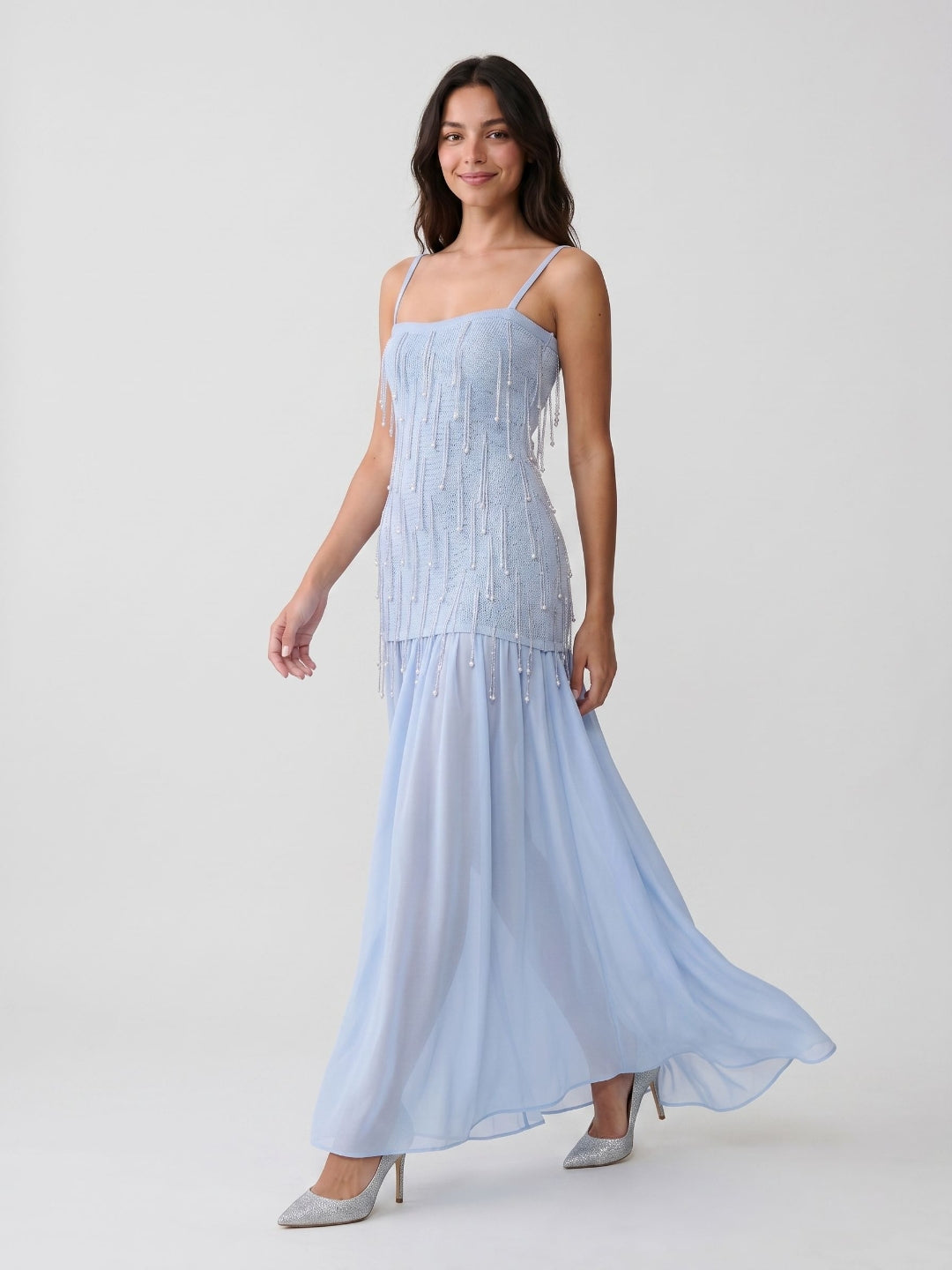 Mist Chiffon A-Line Square Neck Floor-Length Dress with Sequins - Curvevia