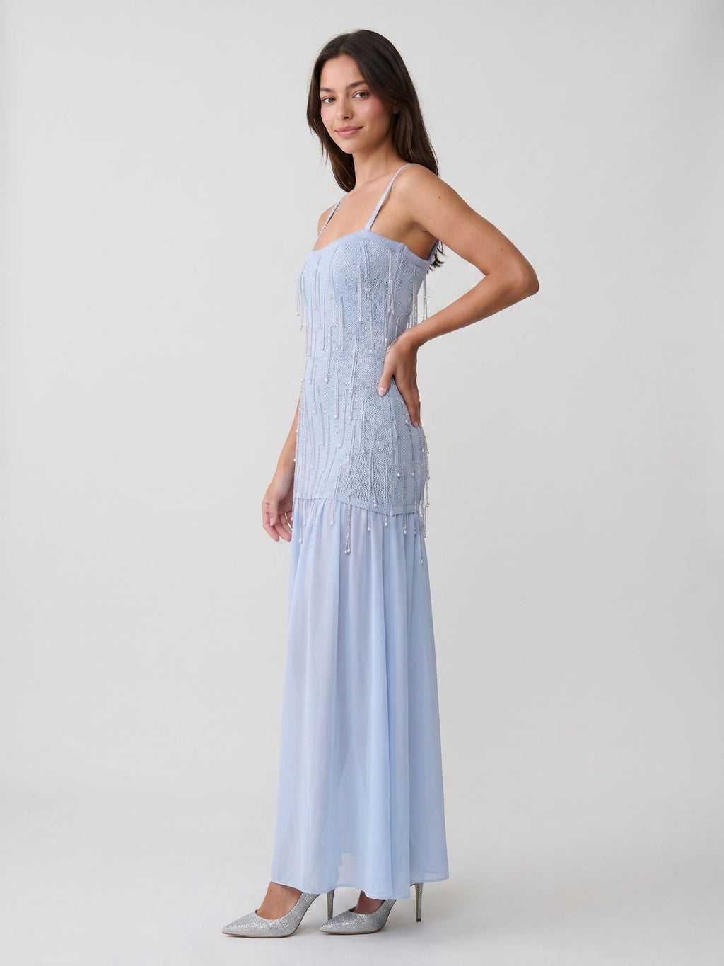 Mist Chiffon A-Line Square Neck Floor-Length Dress with Sequins - Curvevia
