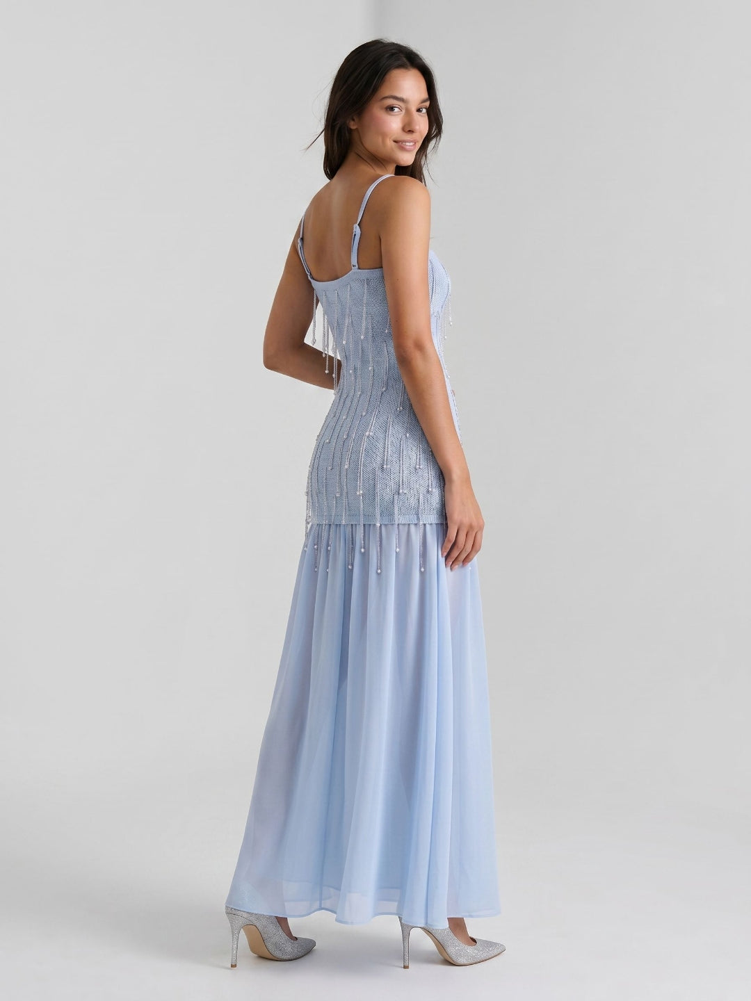 Mist Chiffon A-Line Square Neck Floor-Length Dress with Sequins - Curvevia