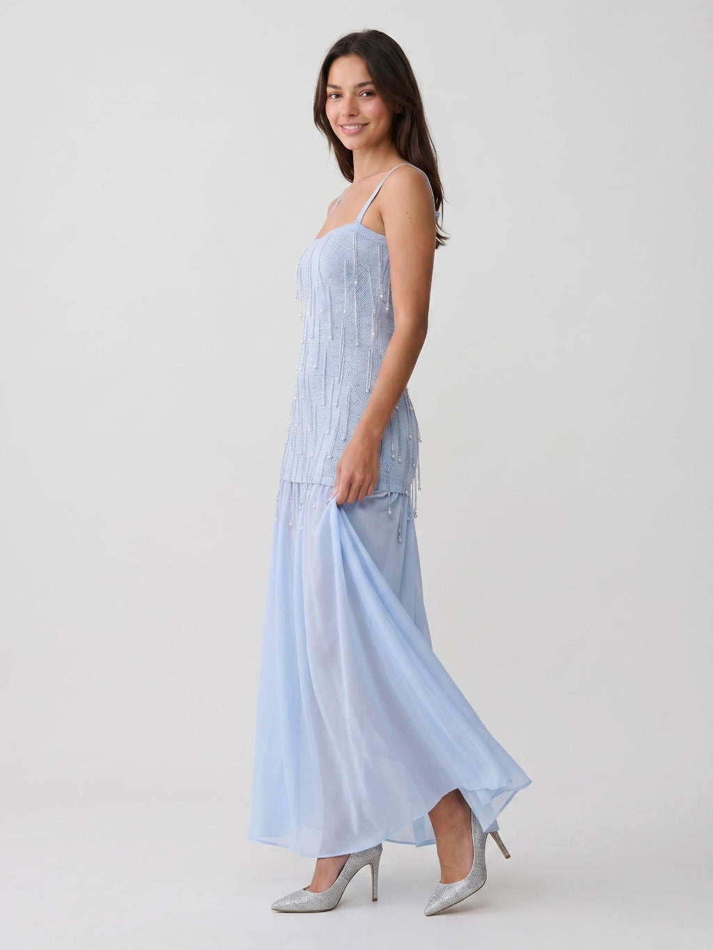 Mist Chiffon A-Line Square Neck Floor-Length Dress with Sequins - Curvevia