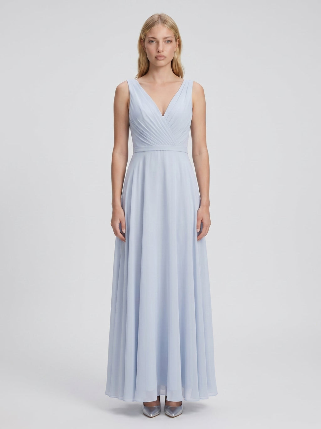 Mist Chiffon A-Line V-Neck V-Back Floor-Length Bridesmaid Dress with Pleated Details - Curvevia