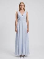 Mist Chiffon A-Line V-Neck V-Back Floor-Length Bridesmaid Dress with Pleated Details - Curvevia