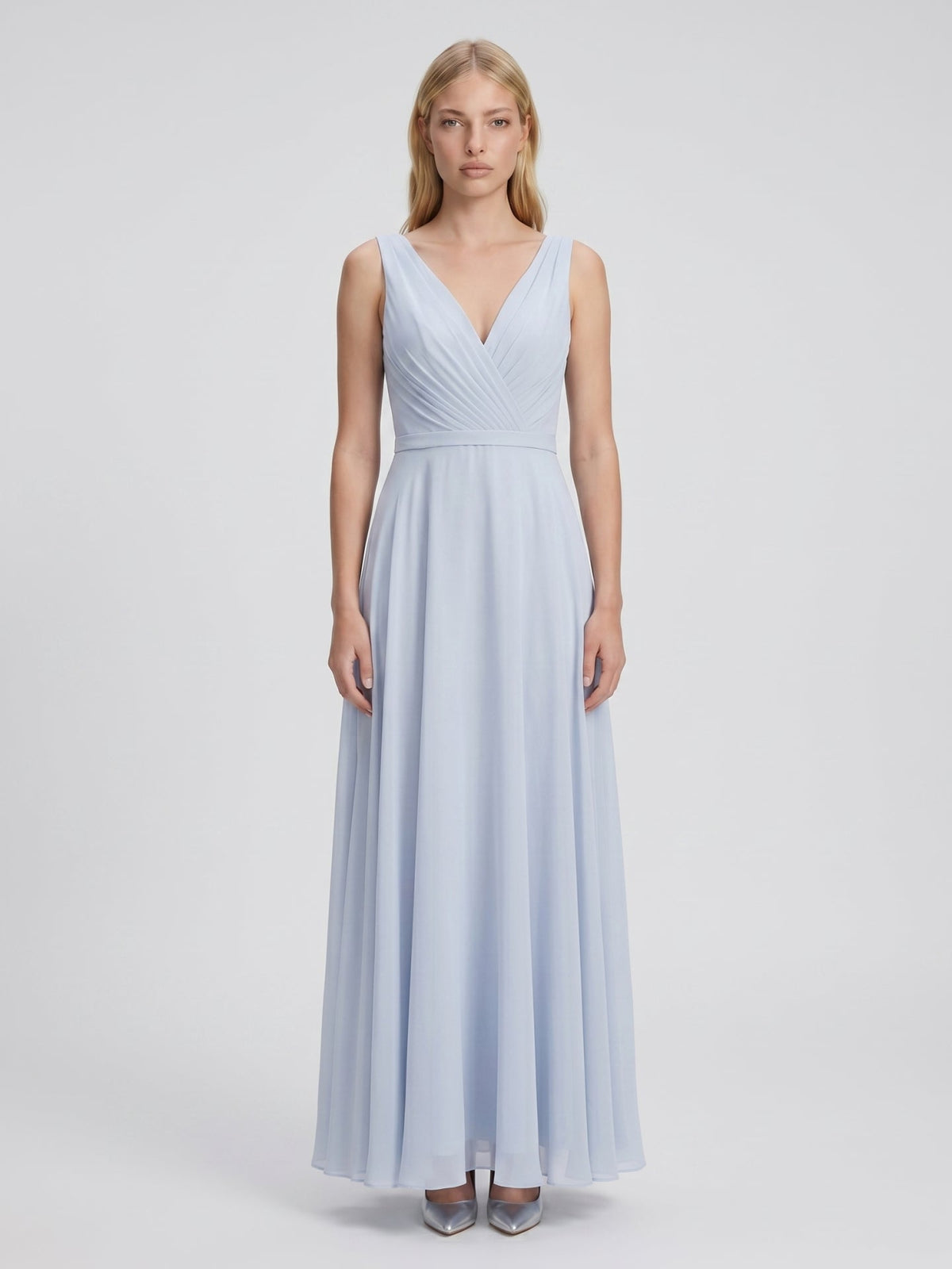 Mist Chiffon A-Line V-Neck V-Back Floor-Length Bridesmaid Dress with Pleated Details - Curvevia