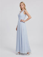 Mist Chiffon A-Line V-Neck V-Back Floor-Length Bridesmaid Dress with Pleated Details - Curvevia