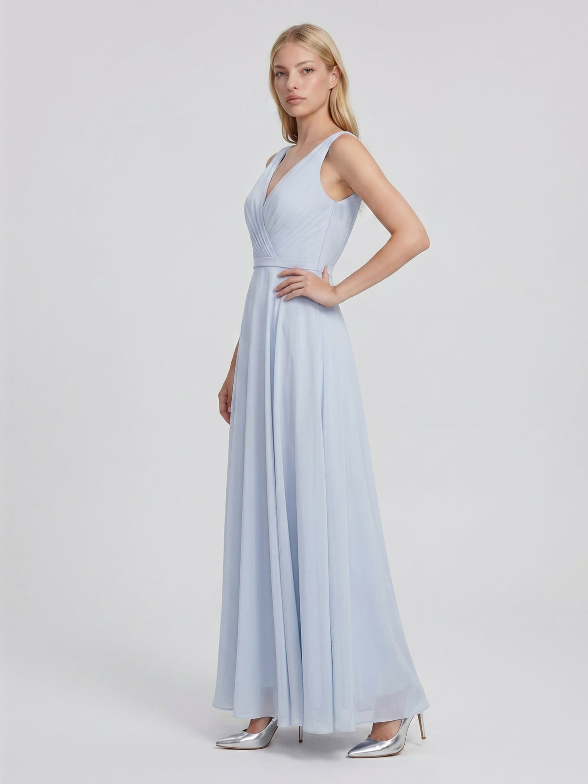 Mist Chiffon A-Line V-Neck V-Back Floor-Length Bridesmaid Dress with Pleated Details - Curvevia