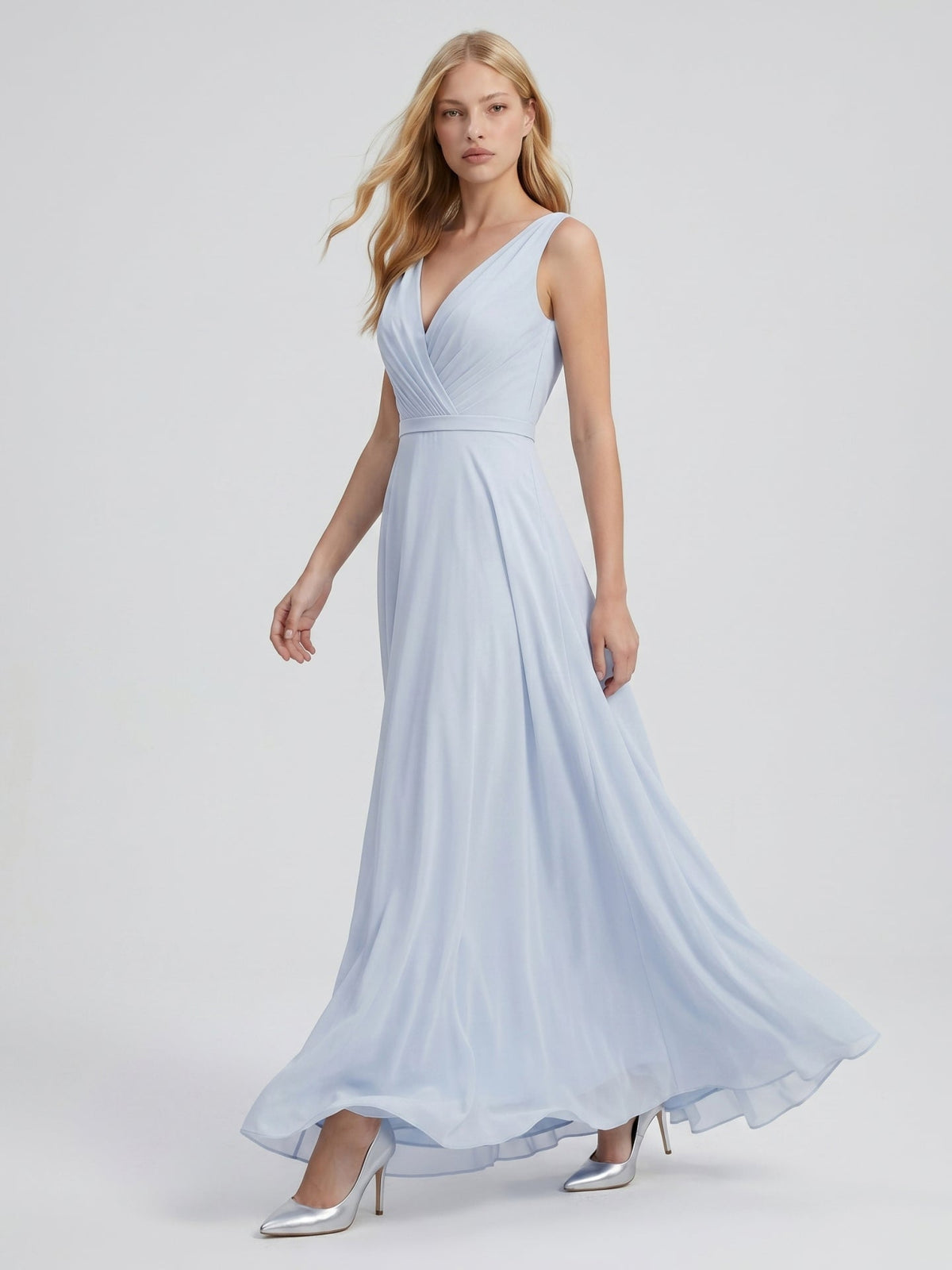 Mist Chiffon A-Line V-Neck V-Back Floor-Length Bridesmaid Dress with Pleated Details - Curvevia