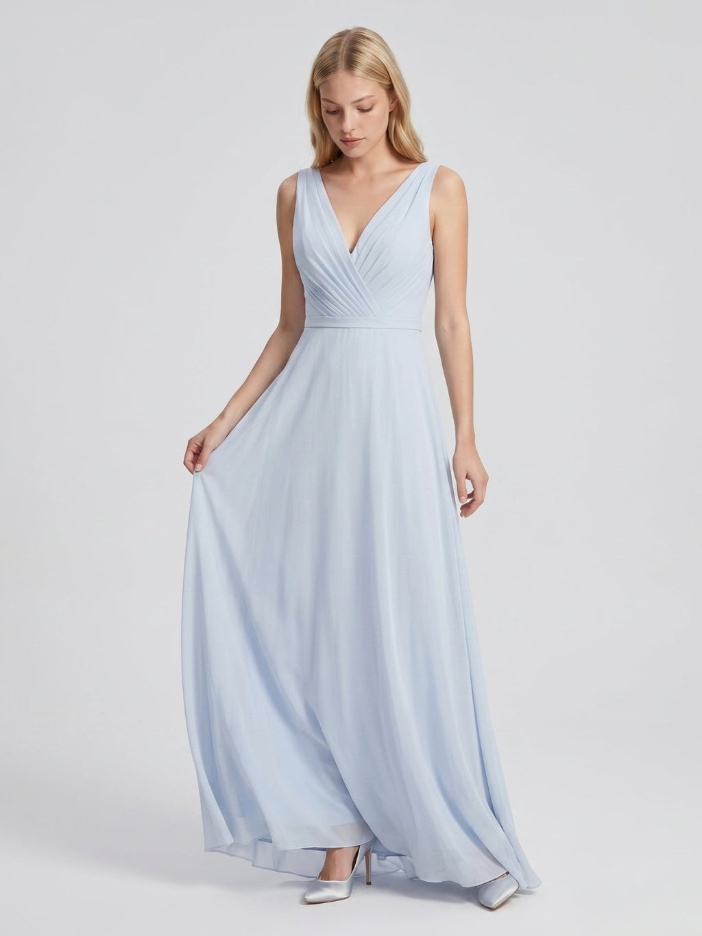 Mist Chiffon A-Line V-Neck V-Back Floor-Length Bridesmaid Dress with Pleated Details - Curvevia