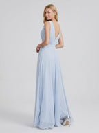 Mist Chiffon A-Line V-Neck V-Back Floor-Length Bridesmaid Dress with Pleated Details - Curvevia