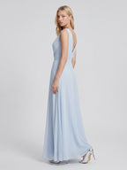Mist Chiffon A-Line V-Neck V-Back Floor-Length Bridesmaid Dress with Pleated Details - Curvevia
