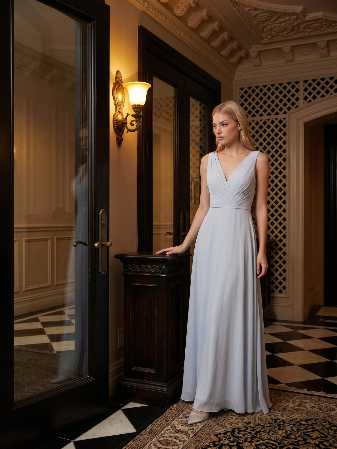 Mist Chiffon A-Line V-Neck V-Back Floor-Length Bridesmaid Dress with Pleated Details - Curvevia