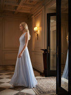 Mist Chiffon A-Line V-Neck V-Back Floor-Length Bridesmaid Dress with Pleated Details - Curvevia