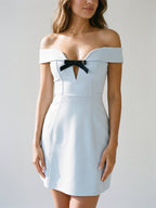 Mist Matte Satin A-Line Off-the-Shoulder Backless Short Homecoming Dress with Bow - Curvevia