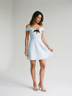 Mist Matte Satin A-Line Off-the-Shoulder Backless Short Homecoming Dress with Bow - Curvevia