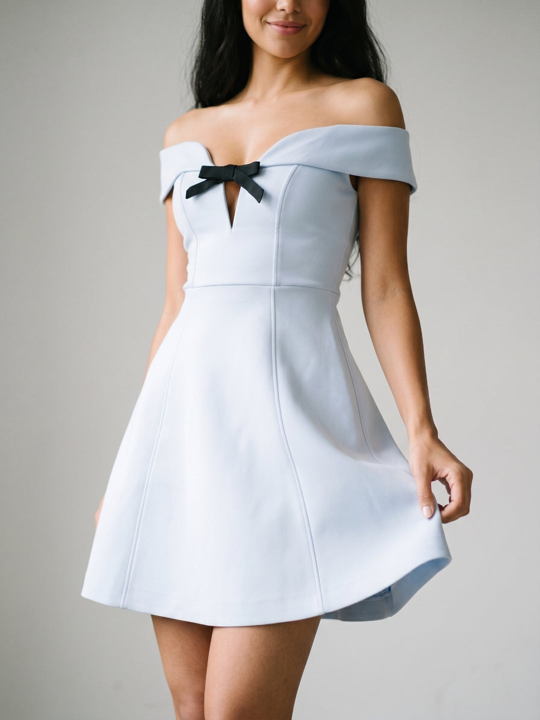 Mist Matte Satin A-Line Off-the-Shoulder Backless Short Homecoming Dress with Bow - Curvevia