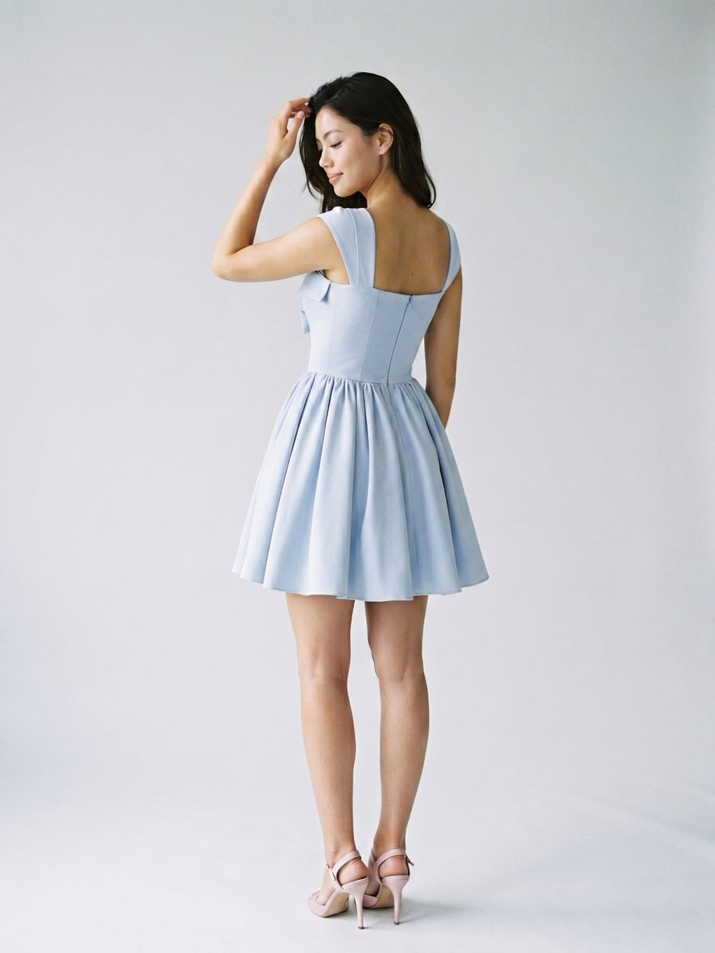 Mist Matte Satin A-Line Square Neck Lace-Up Back Short Homecoming Dress with Pleating - Curvevia