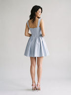 Mist Matte Satin A-Line Square Neck Lace-Up Back Short Homecoming Dress with Pleating - Curvevia