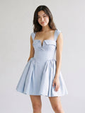 Mist Matte Satin A-Line Square Neck Lace-Up Back Short Homecoming Dress with Pleating - Curvevia