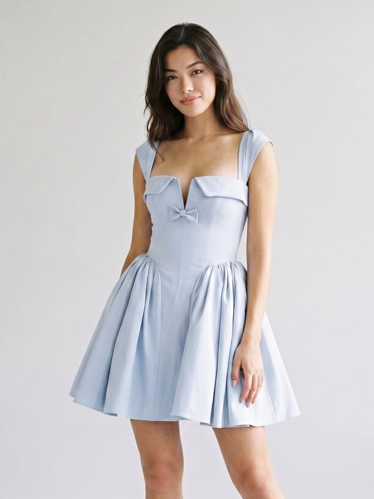 Mist Matte Satin A-Line Square Neck Lace-Up Back Short Homecoming Dress with Pleating - Curvevia
