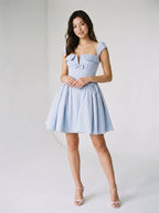 Mist Matte Satin A-Line Square Neck Lace-Up Back Short Homecoming Dress with Pleating - Curvevia