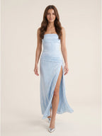 Mist Matte Satin Sheath Off-the-Shoulder Backless Asymmetrical Evening Dress - Curvevia