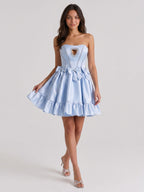 Mist Satin A-Line Straight Neck Back Zip Short Homecoming Dress with Bow - Curvevia