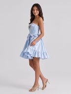 Mist Satin A-Line Straight Neck Back Zip Short Homecoming Dress with Bow - Curvevia