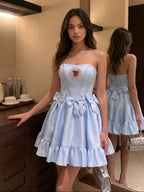 Mist Satin A-Line Straight Neck Back Zip Short Homecoming Dress with Bow - Curvevia