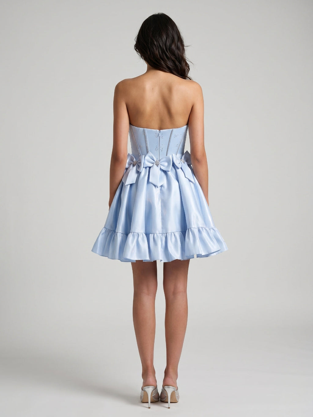 Mist Satin A-Line Straight Neck Back Zip Short Homecoming Dress with Bow - Curvevia