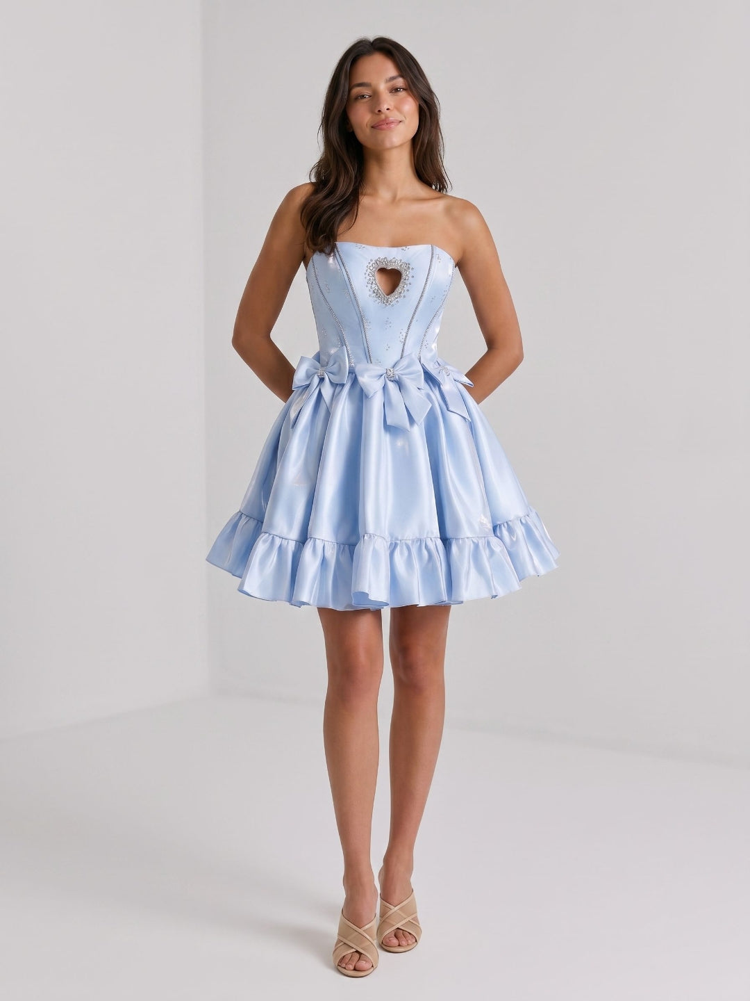 Mist Satin A-Line Straight Neck Back Zip Short Homecoming Dress with Bow - Curvevia