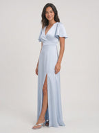 Mist Satin A-Line V-Neck Back Zip Floor-Length Bridesmaid Dress - Curvevia