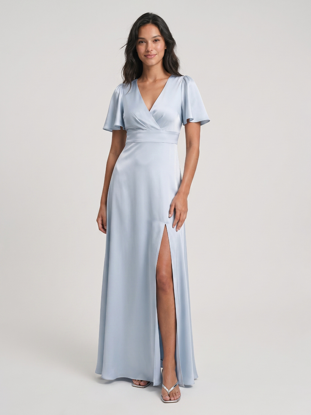 Mist Satin A-Line V-Neck Back Zip Floor-Length Bridesmaid Dress - Curvevia