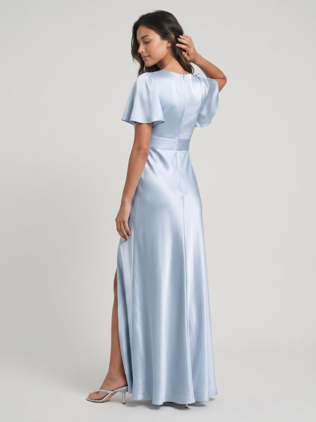 Mist Satin A-Line V-Neck Back Zip Floor-Length Bridesmaid Dress - Curvevia