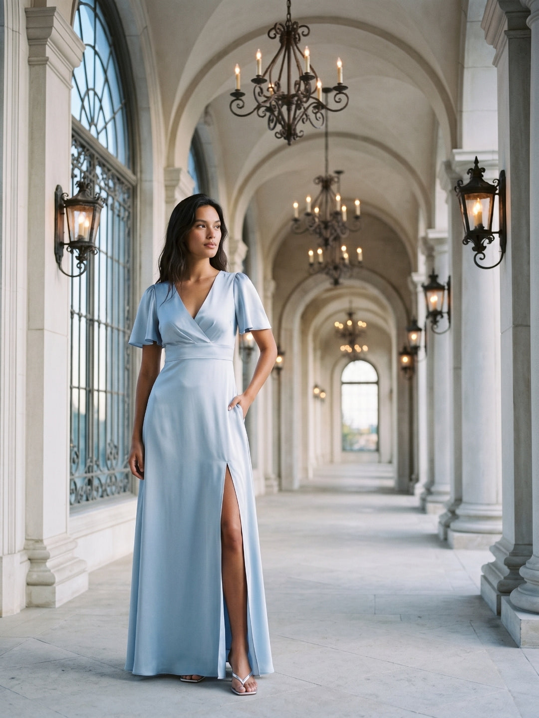 Mist Satin A-Line V-Neck Back Zip Floor-Length Bridesmaid Dress - Curvevia