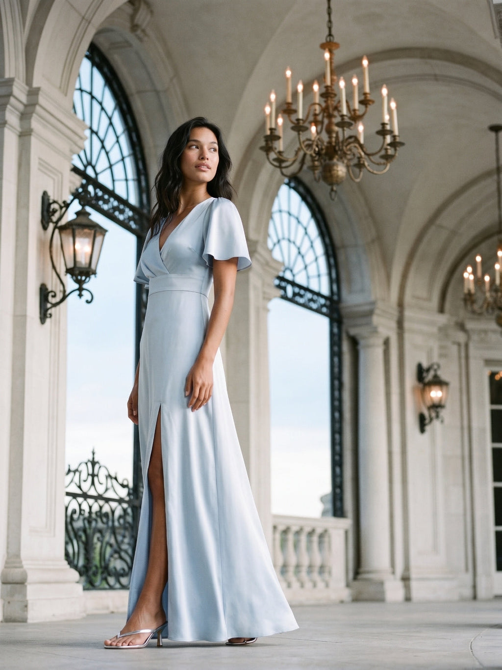 Mist Satin A-Line V-Neck Back Zip Floor-Length Bridesmaid Dress - Curvevia