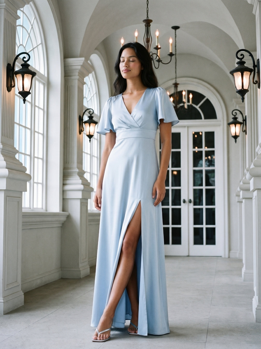 Mist Satin A-Line V-Neck Back Zip Floor-Length Bridesmaid Dress - Curvevia