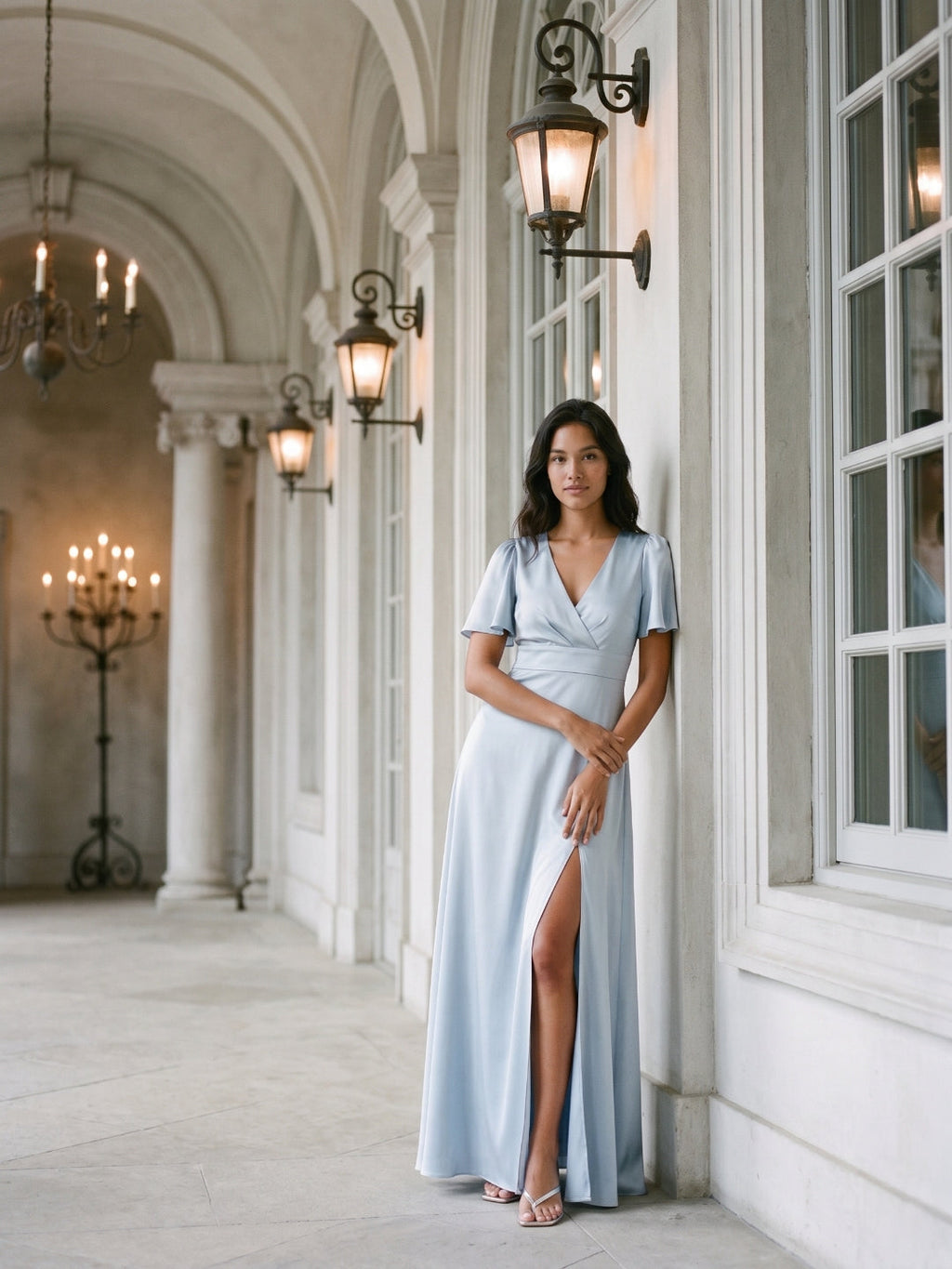 Mist Satin A-Line V-Neck Back Zip Floor-Length Bridesmaid Dress - Curvevia