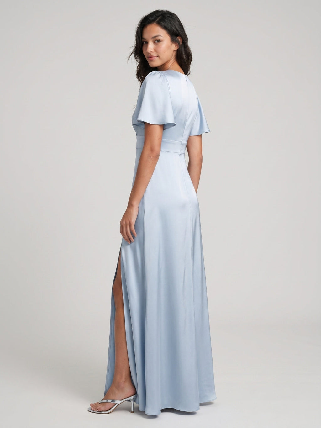 Mist Satin A-Line V-Neck Back Zip Floor-Length Bridesmaid Dress - Curvevia