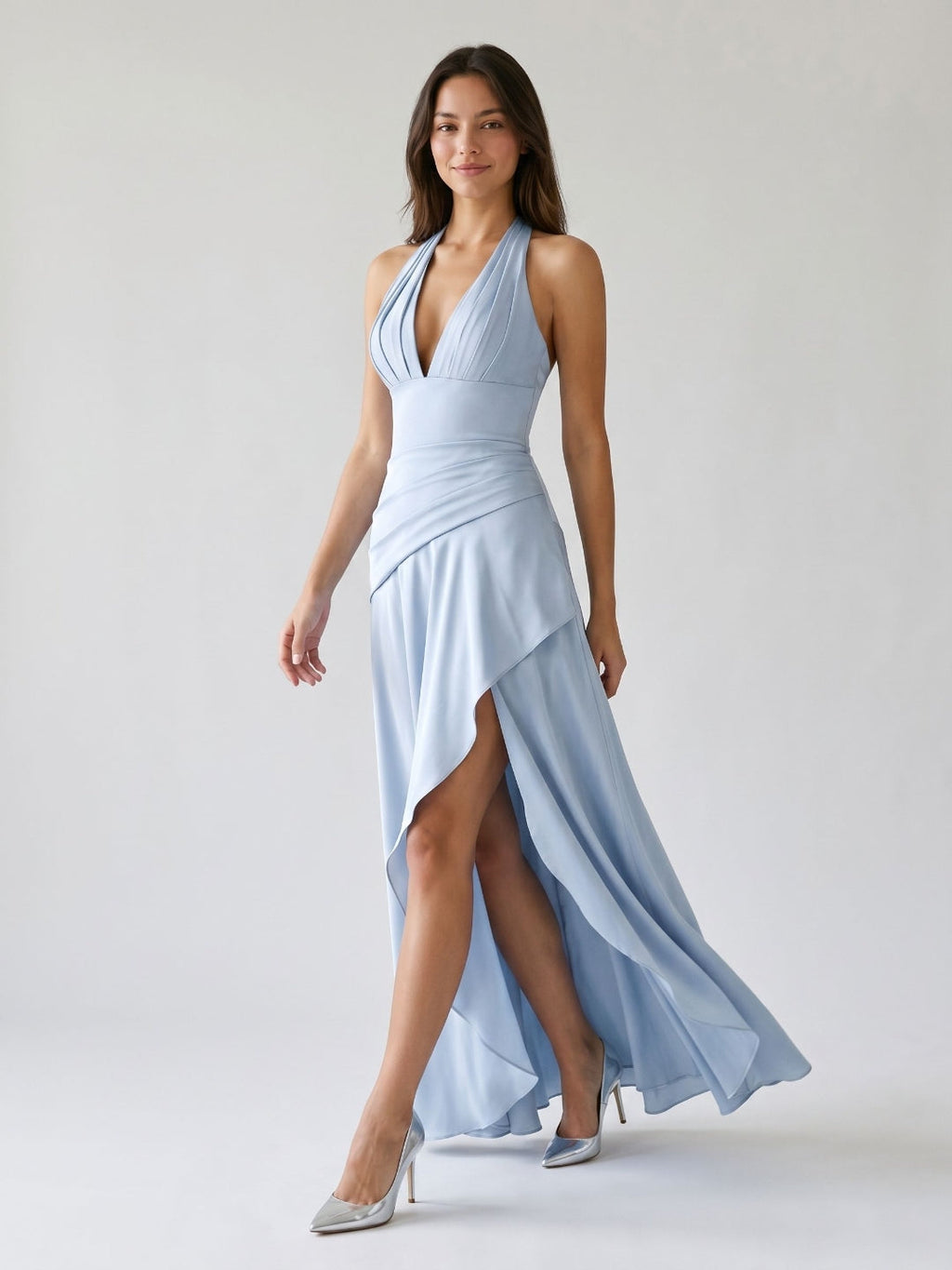 Mist Satin A-Line V-Neck Lace-Up Back Floor-Length Birthday Dress with Ruffles - Curvevia