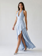 Mist Satin A-Line V-Neck Lace-Up Back Floor-Length Birthday Dress with Ruffles - Curvevia