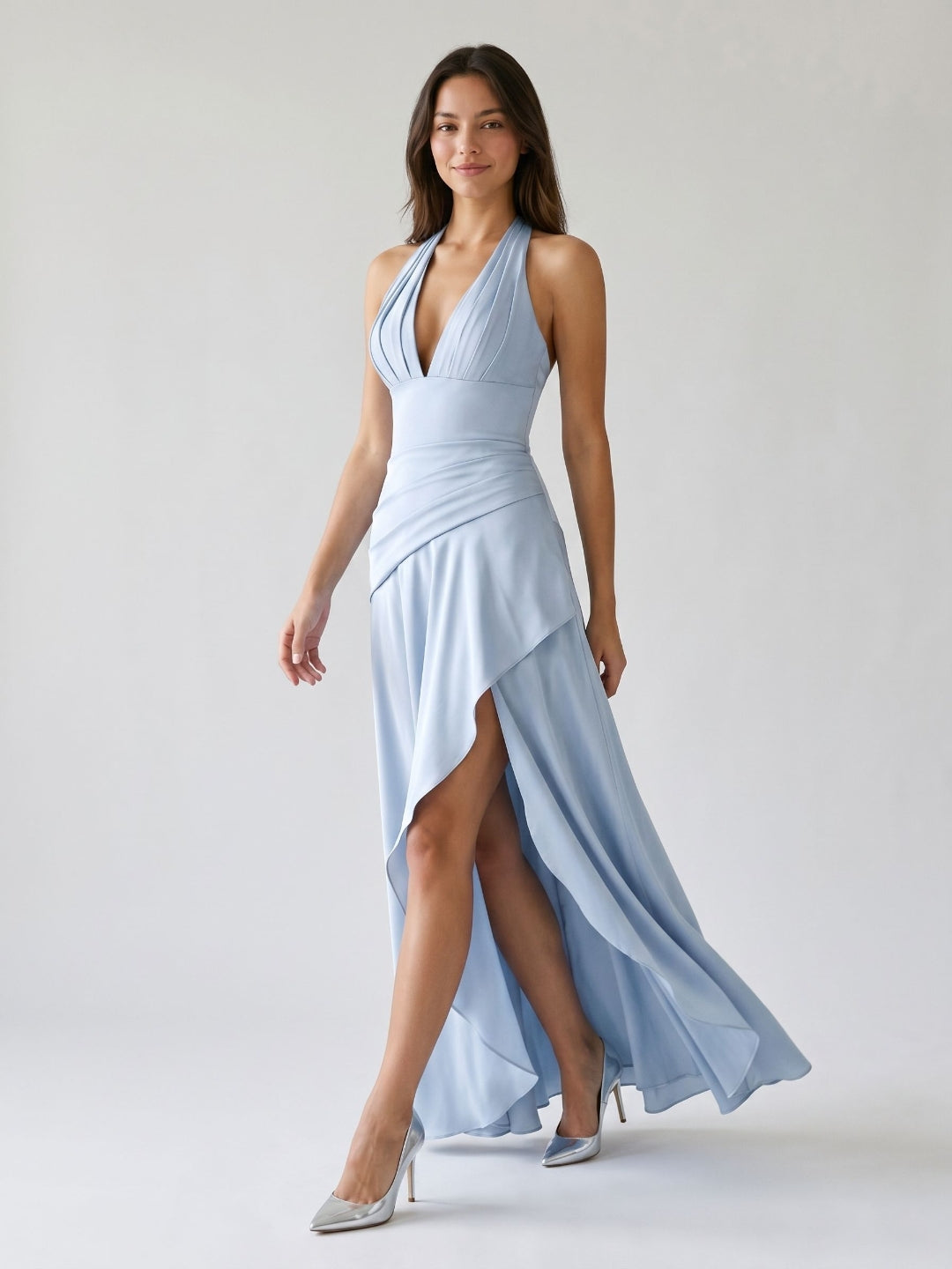 Mist Satin A-Line V-Neck Lace-Up Back Floor-Length Birthday Dress with Ruffles - Curvevia