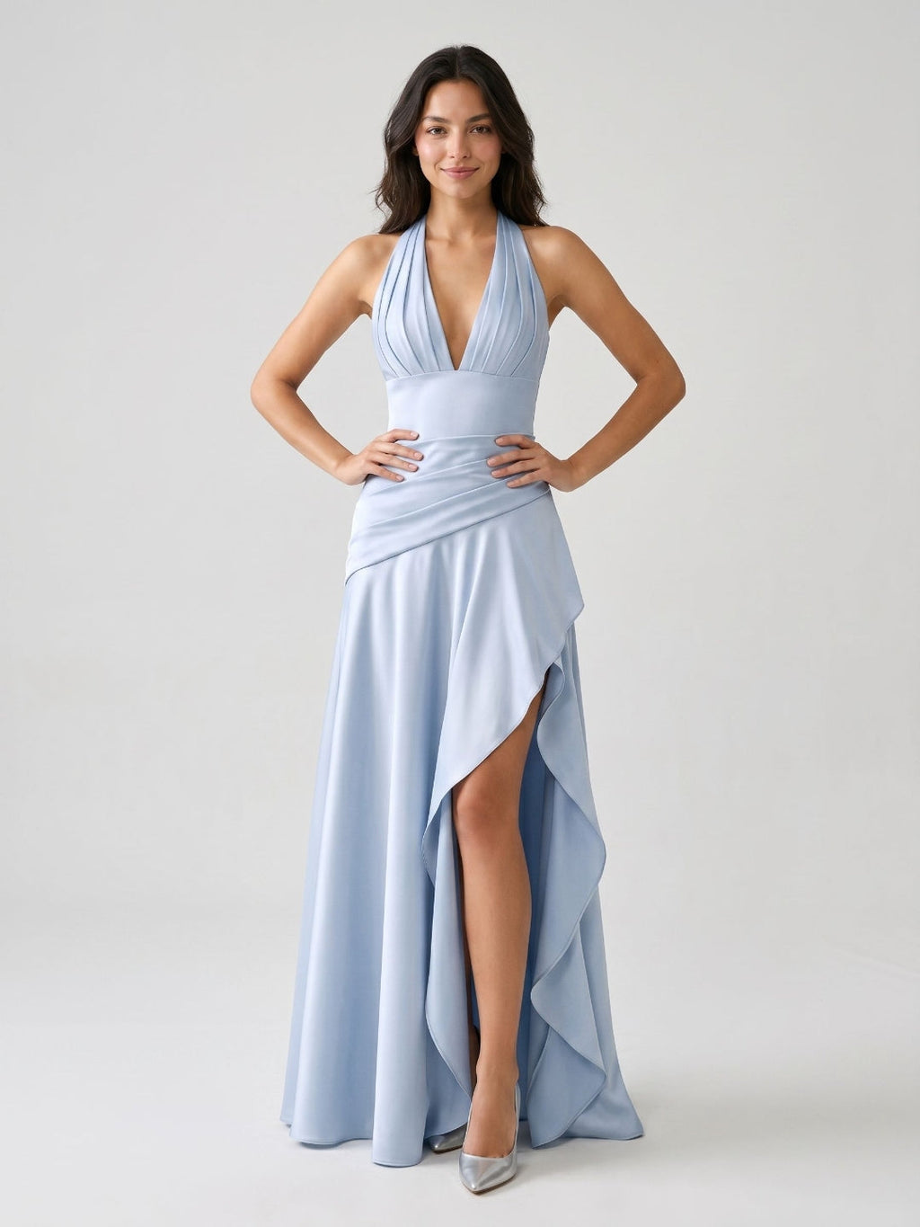 Mist Satin A-Line V-Neck Lace-Up Back Floor-Length Birthday Dress with Ruffles - Curvevia