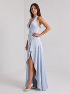 Mist Satin A-Line V-Neck Lace-Up Back Floor-Length Birthday Dress with Ruffles - Curvevia