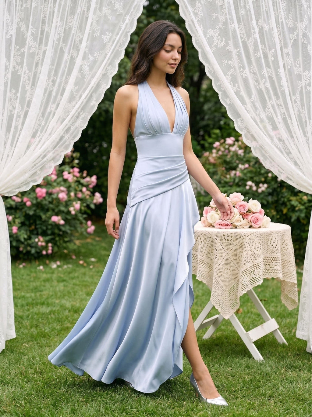 Mist Satin A-Line V-Neck Lace-Up Back Floor-Length Birthday Dress with Ruffles - Curvevia