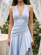 Mist Satin A-Line V-Neck Lace-Up Back Floor-Length Birthday Dress with Ruffles - Curvevia
