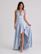 Mist Satin A-Line V-Neck Lace-Up Back Floor-Length Birthday Dress with Ruffles - Curvevia