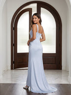 Mist Satin Column One Shoulder Back Zip Floor-Length Bridesmaid Dress with Pleated Details - Curvevia