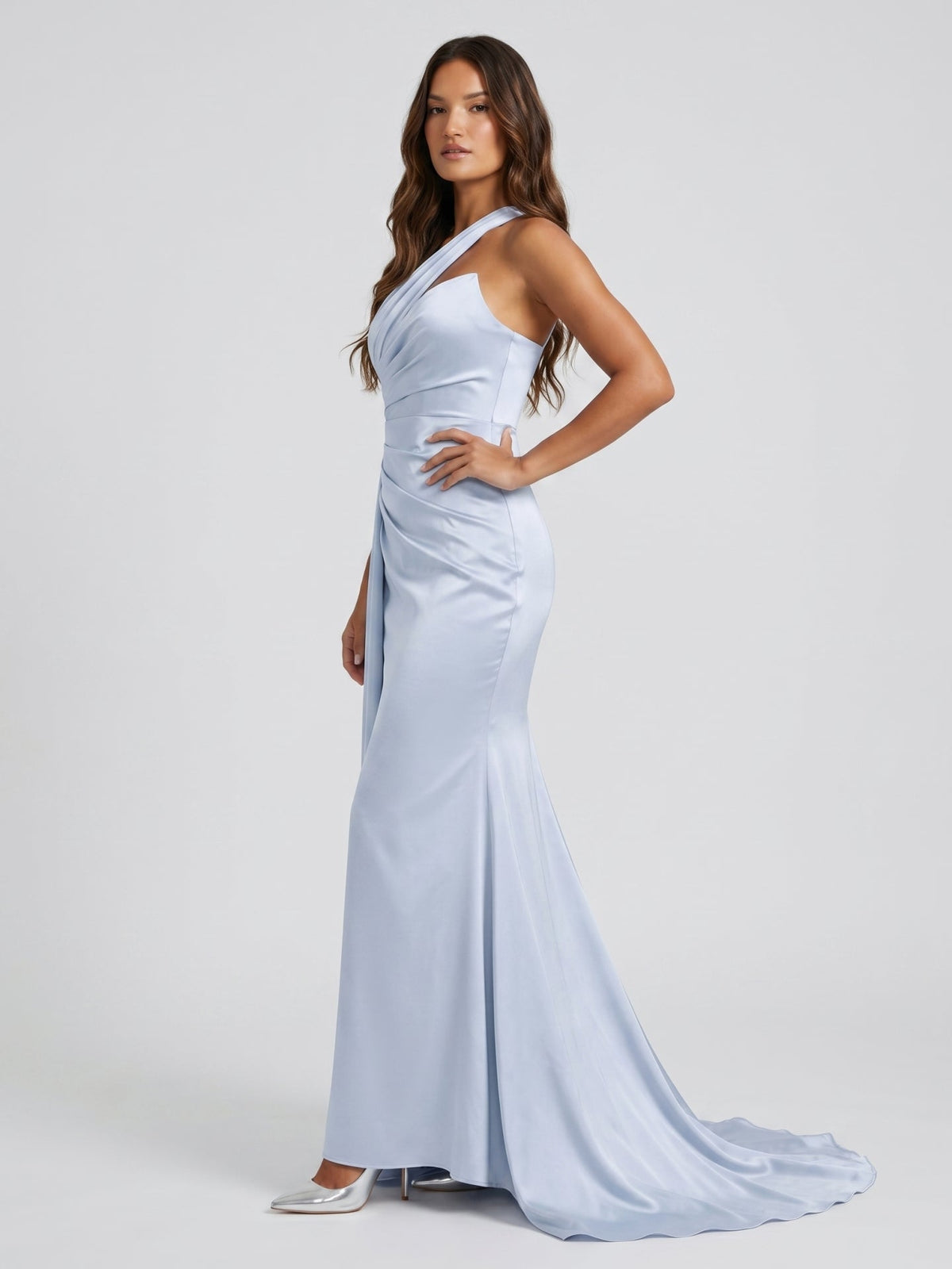 Mist Satin Column One Shoulder Back Zip Floor-Length Bridesmaid Dress with Pleated Details - Curvevia