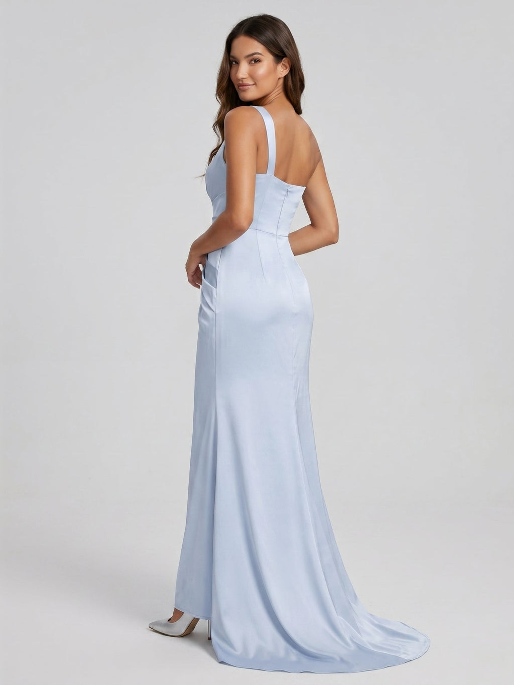 Mist Satin Column One Shoulder Back Zip Floor-Length Bridesmaid Dress with Pleated Details - Curvevia