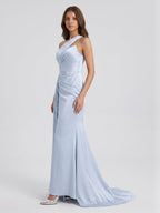 Mist Satin Column One Shoulder Back Zip Floor-Length Bridesmaid Dress with Pleated Details - Curvevia